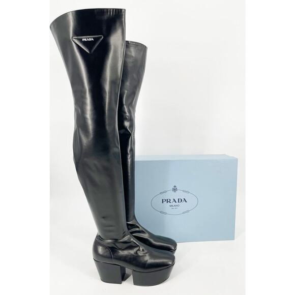 Prada Black Stretch Leather Padded Logo Over the Knee 70mm Platform Boot IT 37 - Picture 1 of 16
